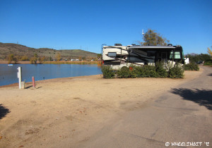 View of one of the lakefront sites in Lakeside Loop (site#52 in front, with RV in site #53 behind). Unfortunately only smaller rigs can get in here.