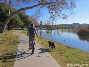 Biking along one of the many trails at Santee Lakes