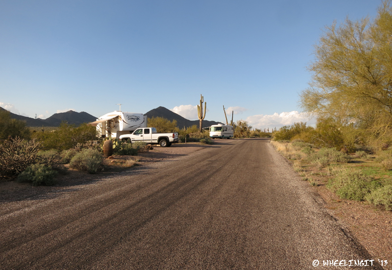 View down west side of campground. Site #17 in front with pull-through #16 behind it.