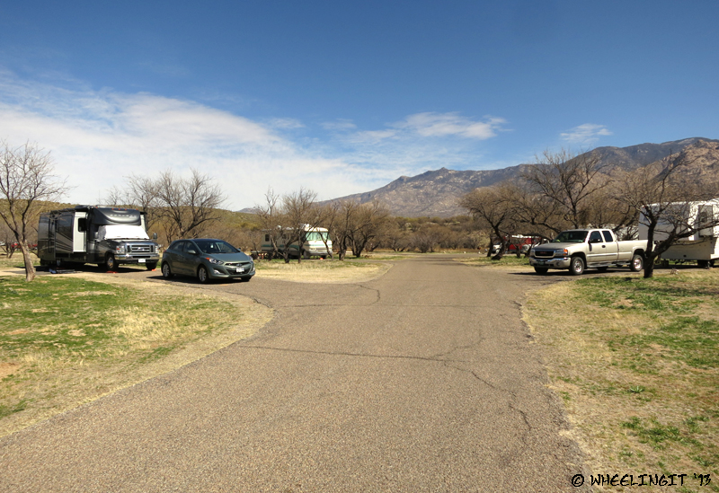 Another view down A-loop. Site A35 on left with A33 behind it. RV in site A34 on right.