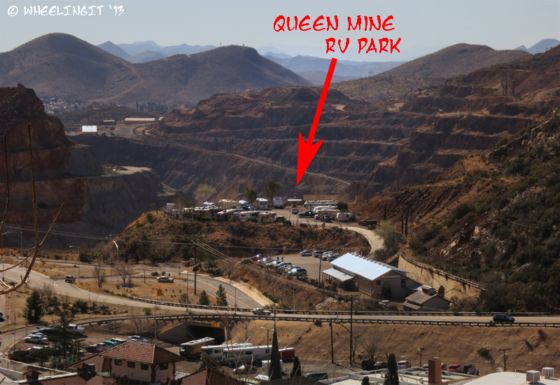 "Aerial" view of the park from a hill in Bisbee. See the circle with the sites? Queen mine is in the back.