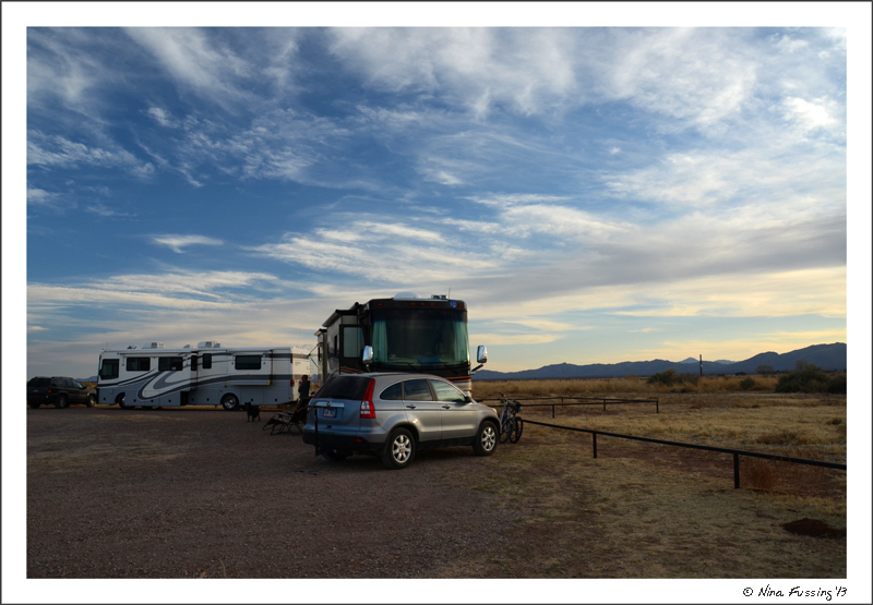 Evening view of our 2 rigs at the boondocking site