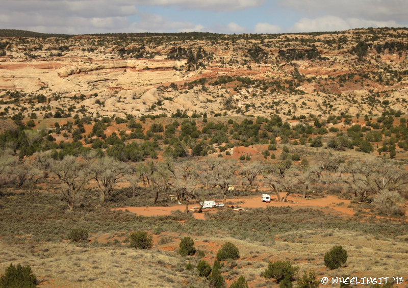 "Aerial" view of other boondockers from road climbing up Comb Ridge