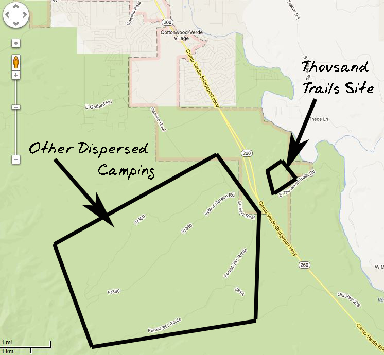 General map of the 2 boondocking areas. Download the Prescott MVUM for more details.