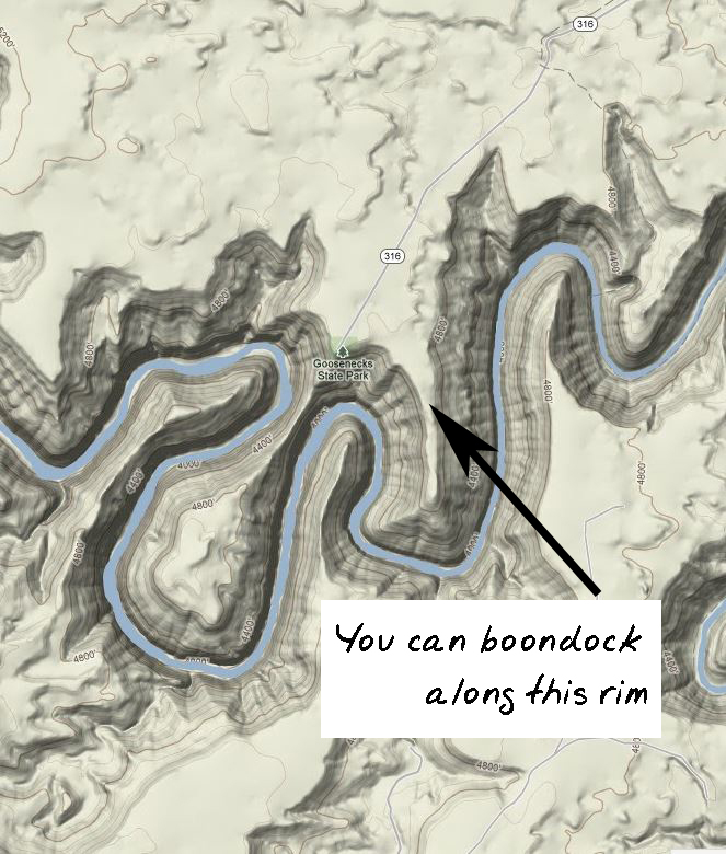 Close-up map of the Goosenecks State Park area.
