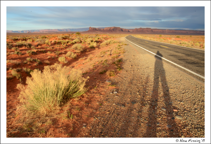 Long shadows on the road just after sunrise
