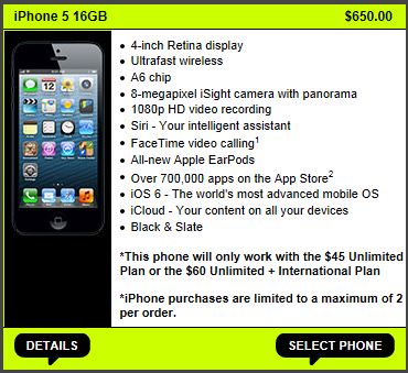 The iPhone 5 starts at $650