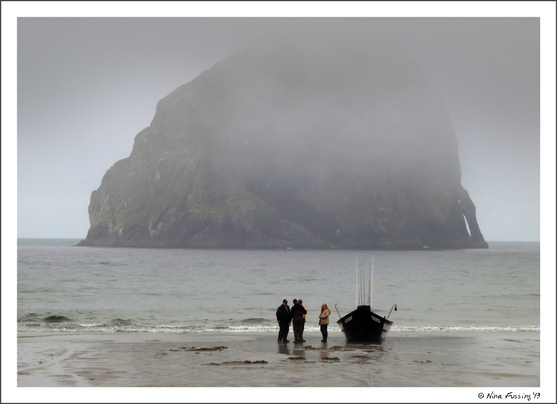 A Dory Boat landing at Kape Kiwanda. That's Haystack Rock in the background.