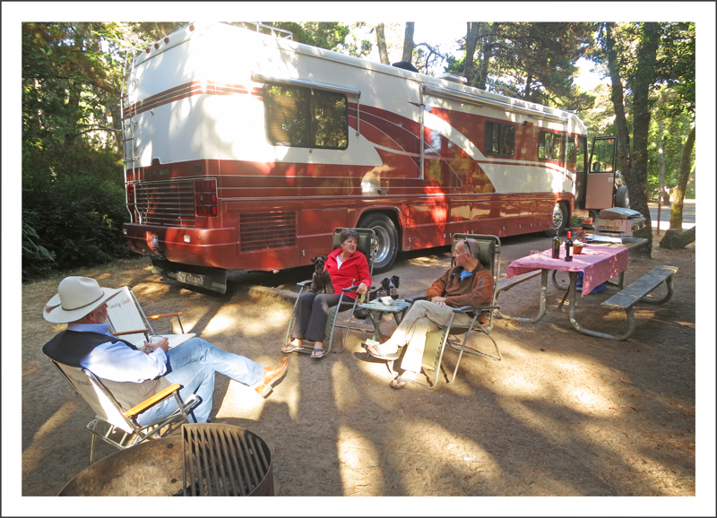Dinner at their site with their gorgeous Country Coach rig in the background