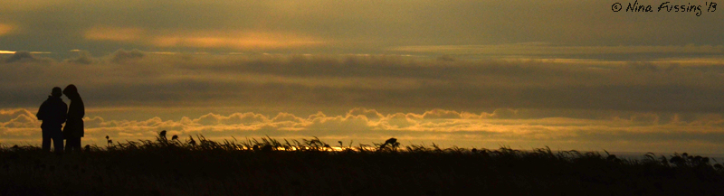 A couple silhouettes the clouds