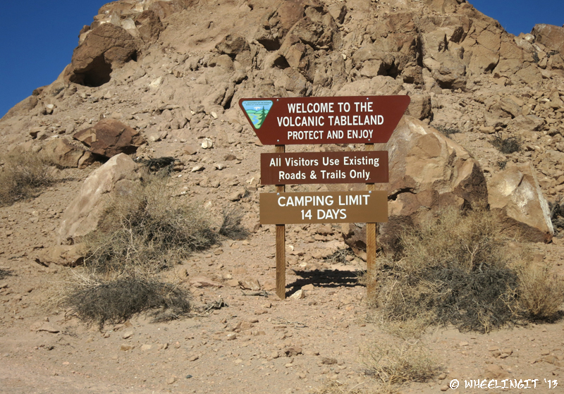 BLM sign for the Volcanic Tablelands showing 14-day camping limit
