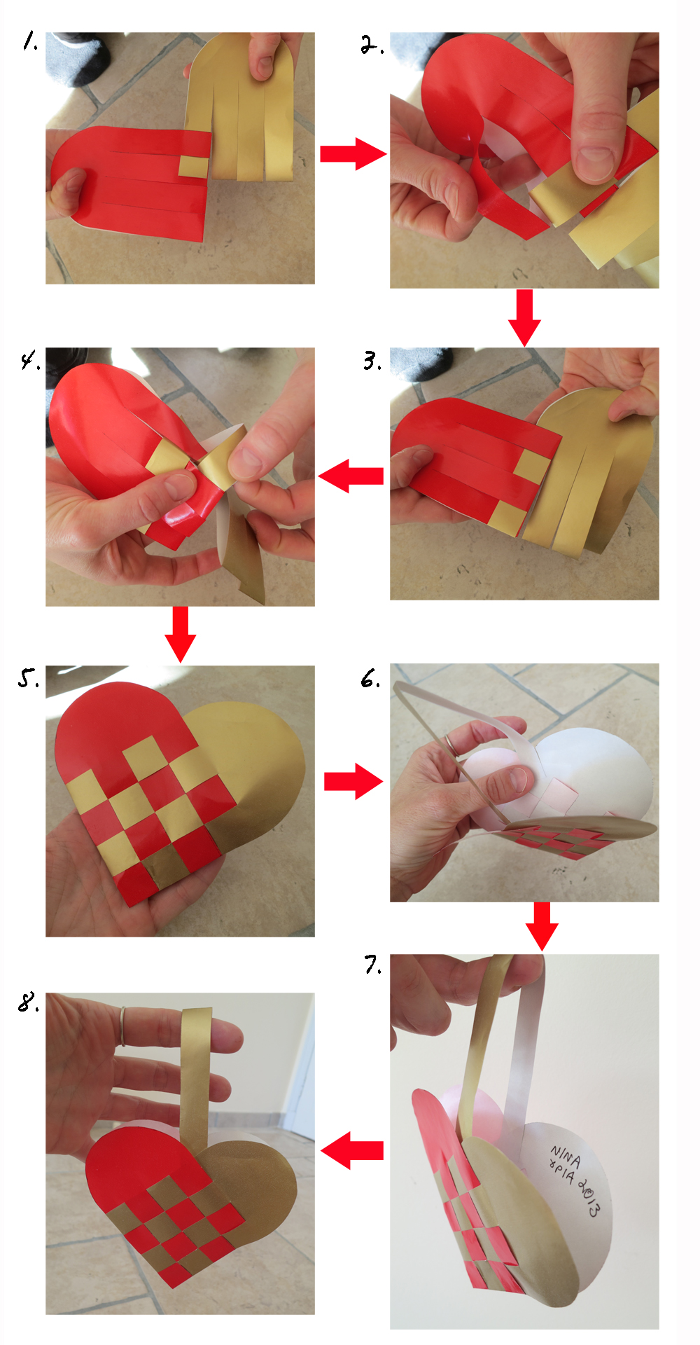 1. Start weaving at the top end of your two pieces 2. Make sure to insert the "leg' of the 1st piece completely inside the "leg" of the 2nd piece
