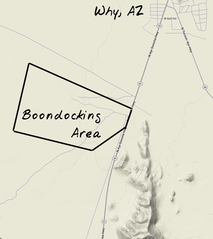 Rough map of Gunsight Wash Boondocking Area. Why, AZ is ~2 miles north.