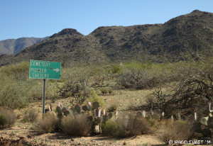 View of turn-off sign to Pioneer Cemetery.