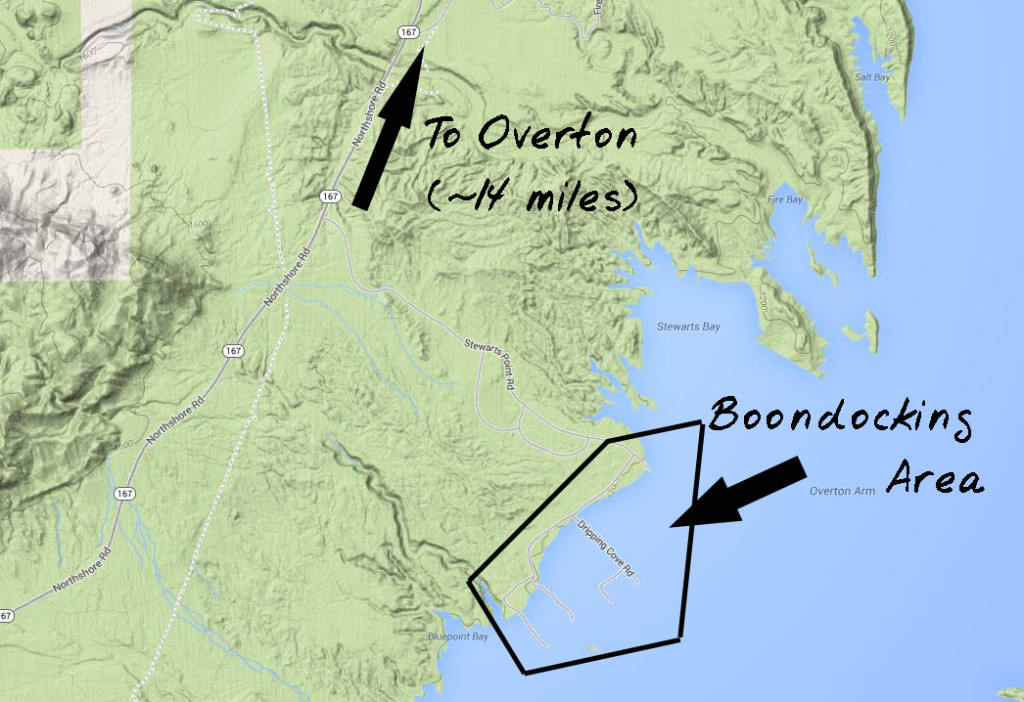 General map of boondocking area (Note/ the roads shown below the water area actually above water)