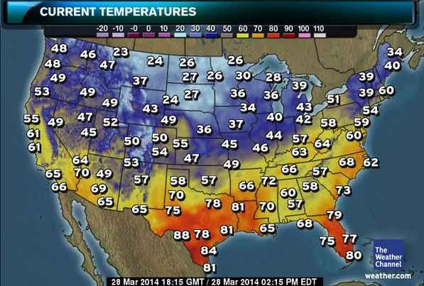 Weather is tricky in spring (map from Weather Channel)
