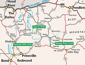 Map showing the 3 units of the John Day Fossil Bed NM