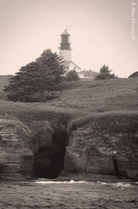 A peek at the lighthouse through the fog