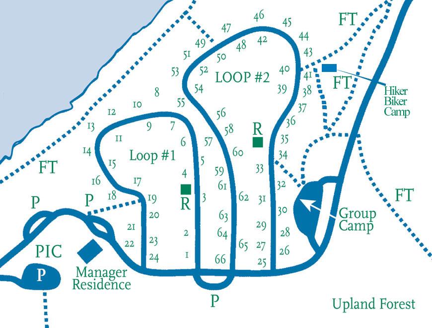 Campground Map showing Loop 1 (non-reservation) and Loop 2 (mostly reservation).