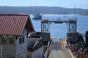 A line of walk-ons wait to board the Orcas Ferry