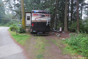 Back view of our site. Our "sitting area" with picnic table and firepit is on the right