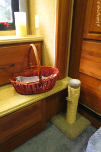 This corner of our bedroom has a cat basket/bed, scratching pole & LED light