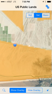 Public Lands shows boundaries ontop of a satellite image. Yellow means BLM.