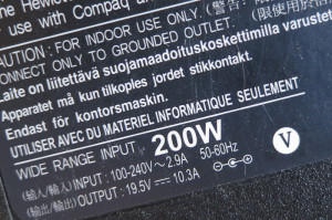The power brick on my computer shows that it uses up to 200 watts (yes, my computer is a sucker!)