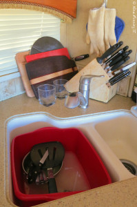 In spots that allow grey water we'll wash our dishes in this plastic bin