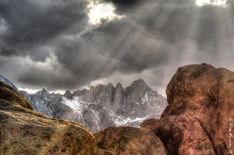 Rays of sun over Mt. Whitney. She does tease me so....