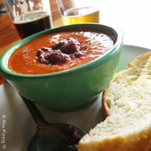 Chilled red pepper soup and brews at Mountain Rambler