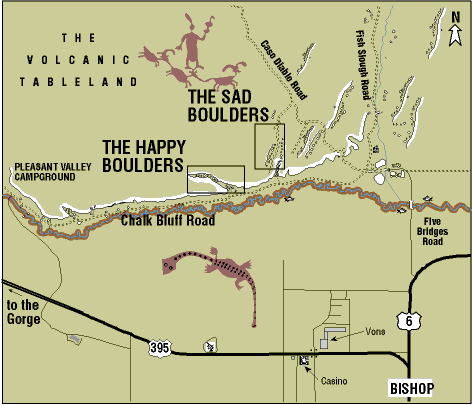 Map of Happy & Sad Bouldering Area just north of town